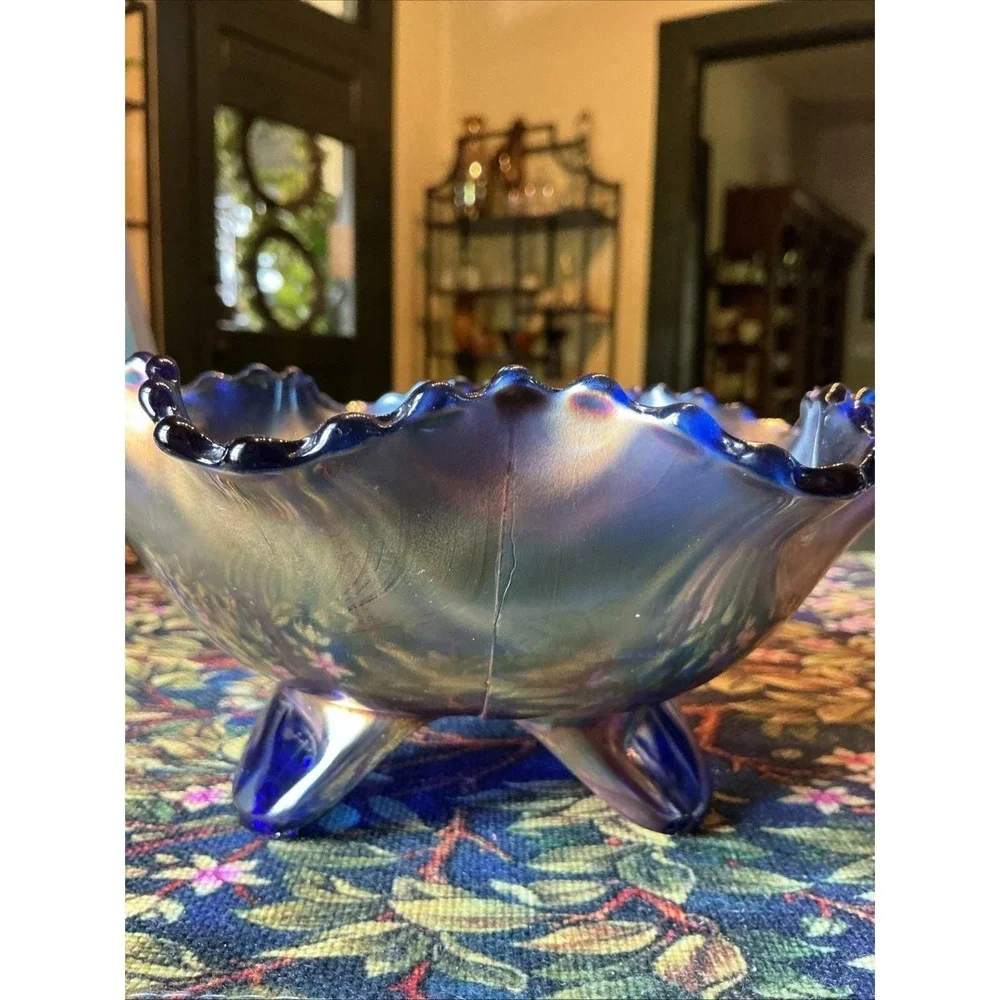 VTG‎ Fenton Blue Carnival Glass Ruffled 7.5